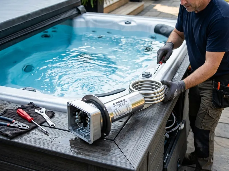 Certified technician performing hot tub heater repair on residential hot tub