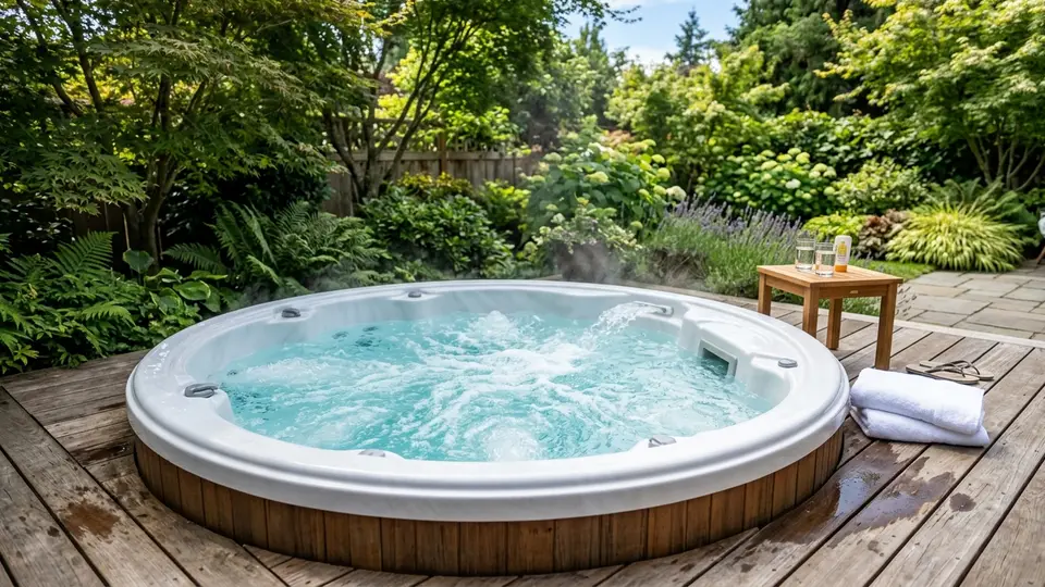 Crystal-clear bubbling 104 degree outdoor spa after service