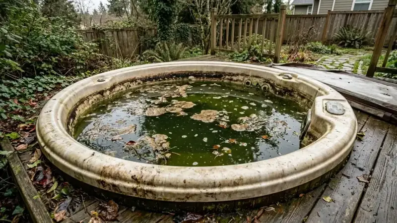 Murky green algae-filled neglected hot tub water before restoration