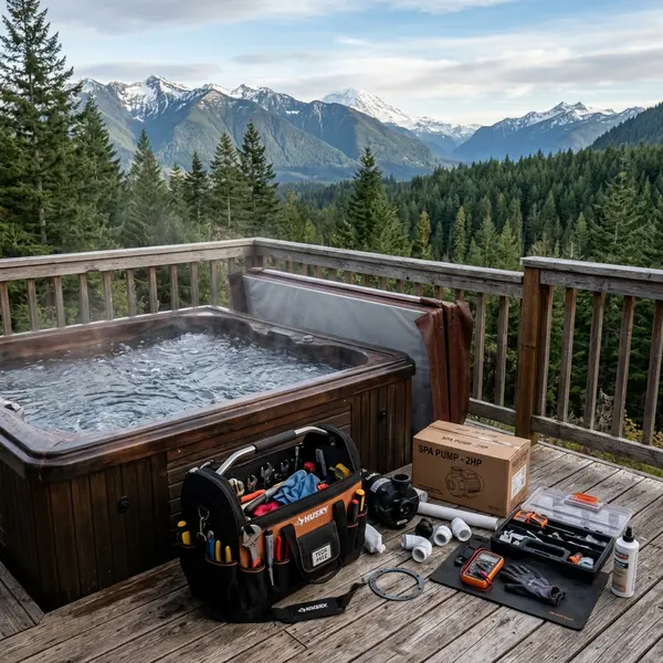 Hot tub repair technician diagnosing outdoor spa equipment in Los Angeles, CA