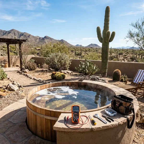 Hot tub repair technician diagnosing outdoor spa equipment in McAllen, TX