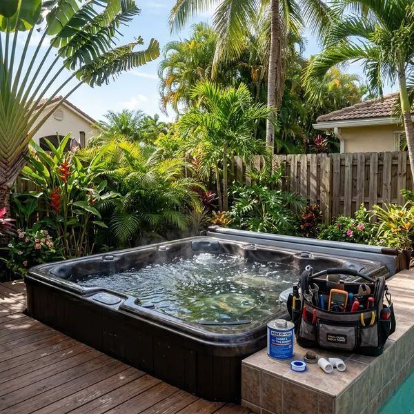 Hot tub repair technician diagnosing outdoor spa equipment in St. Petersburg, FL
